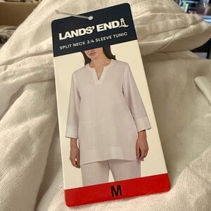 Lands End Linen Tunic Top Women's Split Neck 3/4 Sleeve Pockets White Casual M
